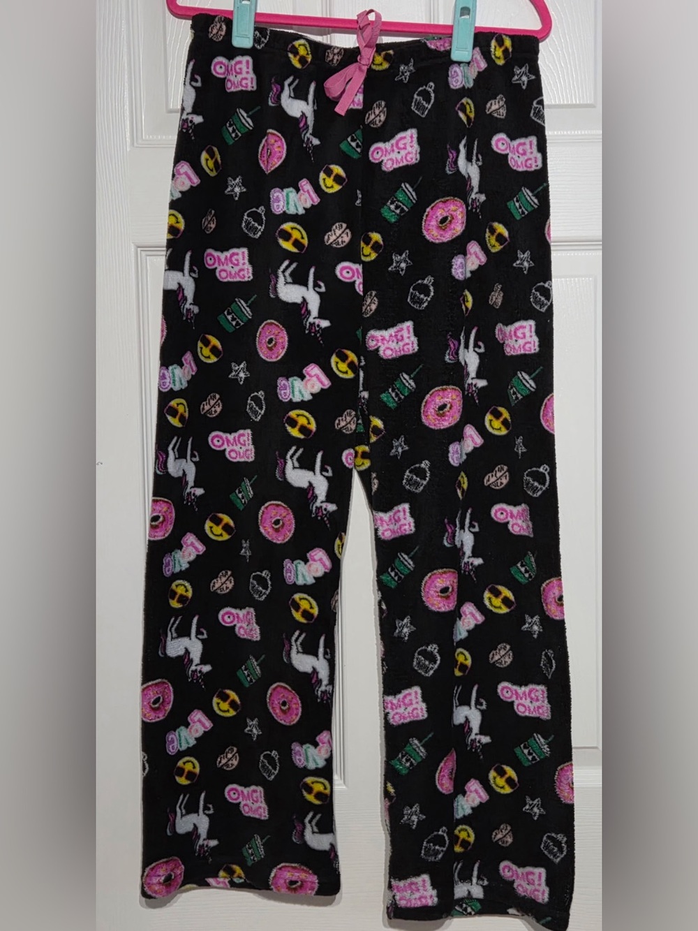 Fuzzy Plush Fleece Unicorn & Donut Pajama Lounge Pants Black Pink